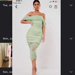 MISSGUIDED Green Ruched Bardot Midi Dress